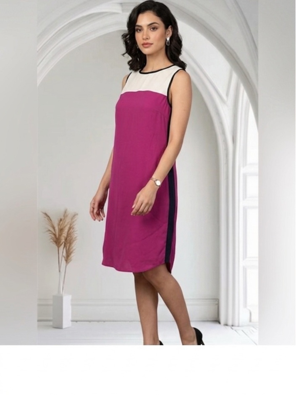 Calvin Klein Cream and Black Dress with Pink Accents